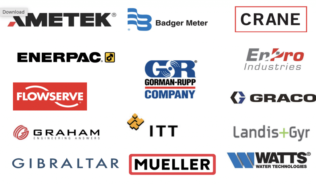 multiple pump, valve, and water system company logos